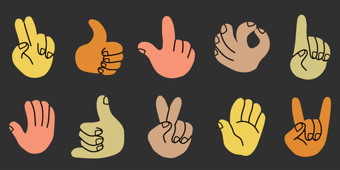 Fototapeta premium Set of hand gesture icons with various finger signs vector illustration. Hand drawn cartoon hand gestures in flat vector style for communication and social media