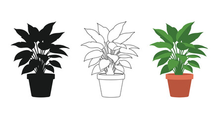 Three potted philodendron plants in varying styles a black silhouette © MD