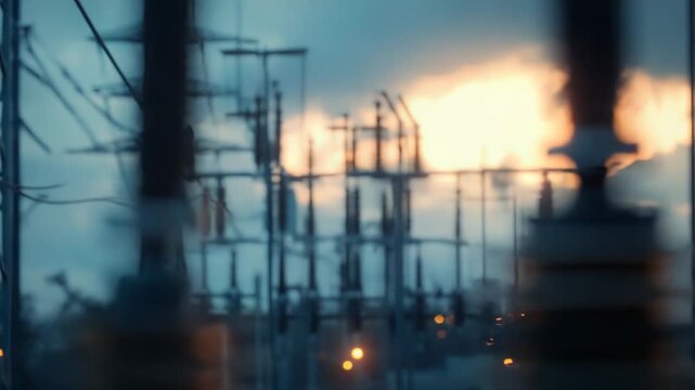 Electrical substation equipment transmitting high voltage power into the grid at dusk, showcasing transformers, insulators and lines supporting modern energy infrastructure and distribution