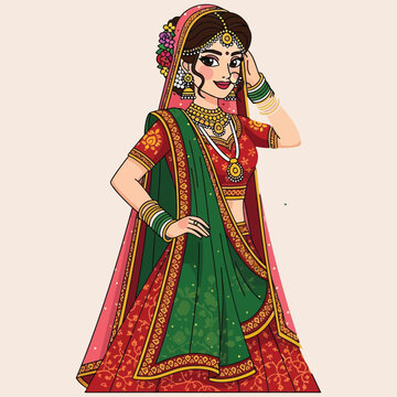 Beautiful indian bride in red and green lehenga choli with traditional gold jewelry