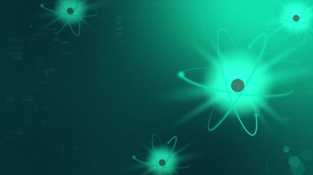 4K Cyber Teal Green Atomic Background. Glowing Green Quantum Cores with Matrix-Style Orbits for Web Header.