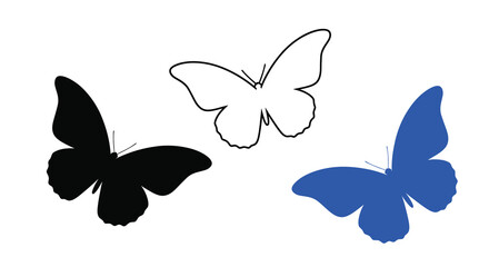 Three butterflies depicted in varying colors and a dark outline silhouette © MD