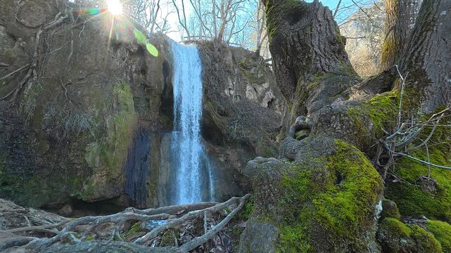 Morning Sun Over Waterfall Behind Tree. Ozren Mountain, Sokobanja region (Ripaljka). Balkans, Serbia.