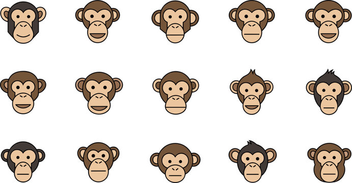 Cute monkey face icons collection cartoon primate head expressions animal character flat vector illustration set