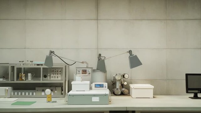 Scientific laboratory interior presenting various medical equipment, test tools, and devices on workbenches, creating a sterile environment for pharmaceutical research