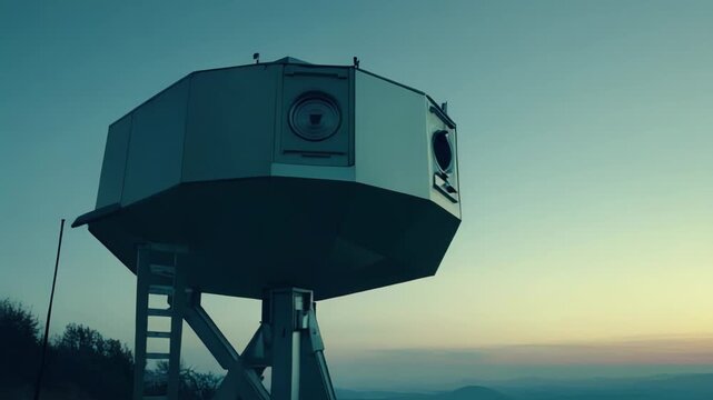 Futuristic observation dome perched on a mountain summit at twilight, offering panoramic views of layered peaks and a serene sky while signaling advanced remote monitoring and research