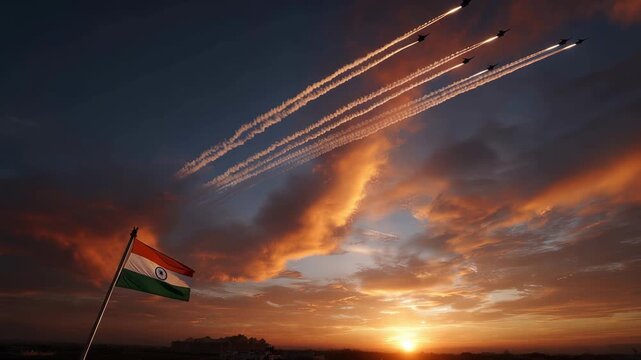Indian Flag Flies High as Jets Soar Through Dramatic Sunset Sky
