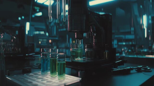 Robotic arm manipulates test tubes and vials of glowing chemical fluids on a dark lab bench, high tech automated experiment in chemistry and biomedical research, close up