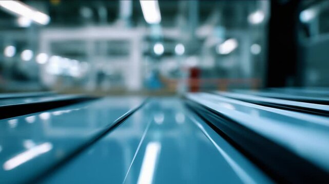 Modern factory floor with sleek conveyor and blurred bokeh, showcasing precision engineering, automated production, metallic machinery, efficiency and high tech industrial motion
