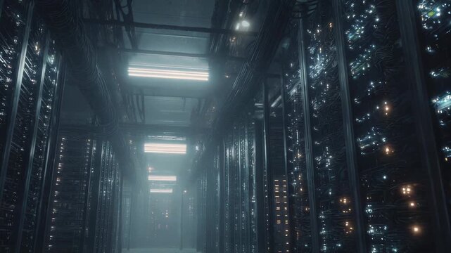 Data center corridor providing reliable cloud computing and cyber security with rows of busy servers blinking lights and intricate wiring storing digital information