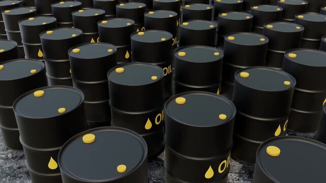 Crude Oil Barrels Animation, Fossil Fuel Industry & Global Energy Supply. Full HD. 4K