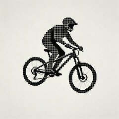 Fototapeta premium Pixelated Silhouette of a Mountain Biker, Black on White, Minimalist Design, Concept of Adventure and Off-Roading