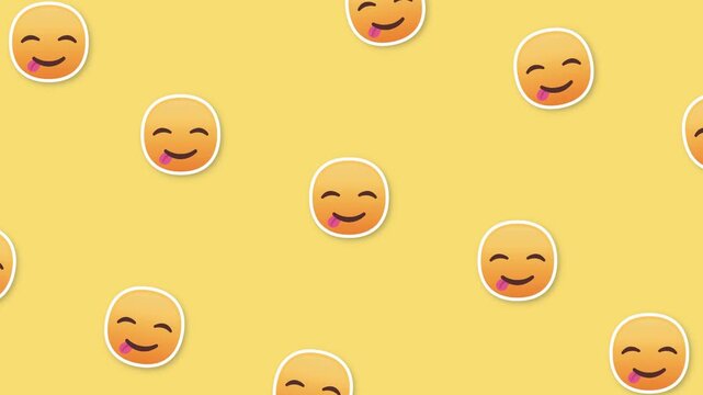 Seamless pattern of happy smiley face emojis with tongues sticking out on a yellow background