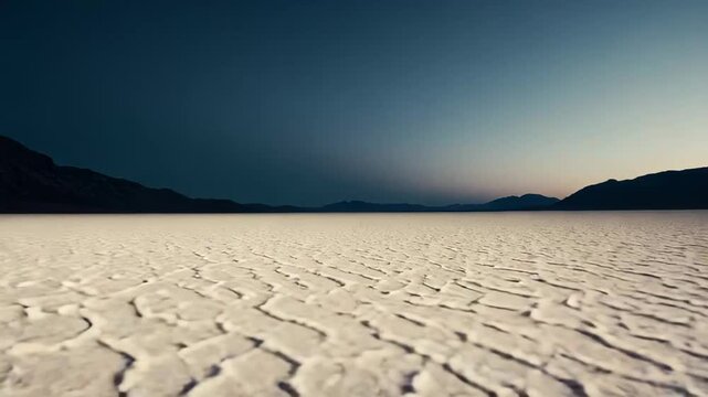 Arid landscape featuring a vast. Cracked dry lake bed stretching towards a distant mountain range under a clear. Open sky. Conveying concepts of desolation. Drought. And the effects of climate change