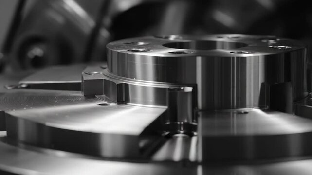 Precision metal component undergoing a machining process on a turning machine, representing industrial production, engineering, and manufacturing technology in a factory setting