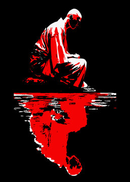 Un moine graphique avec sur reflet sur fond noir.