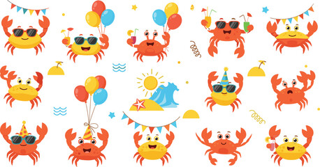 Fototapeta premium Cute crabs summer party set with balloons drinks and sunglasses, funny sea animals cartoon vector illustration collection