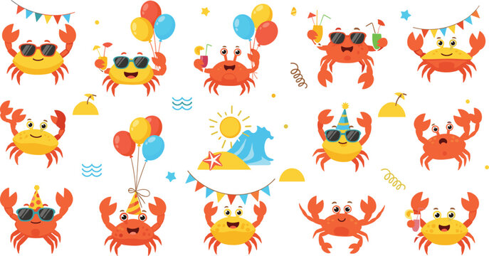 Cute crabs summer party set with balloons drinks and sunglasses, funny sea animals cartoon vector illustration collection