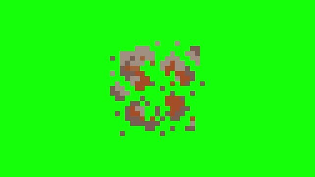 Vertical looping pixel art explosion with orange and black smoke on green screen background.
