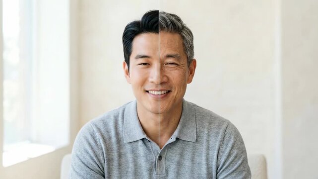 Split face portrait showing young and old aging comparison