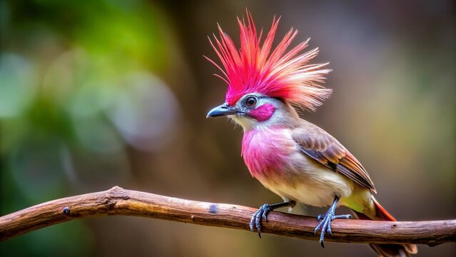 Unique Pink-Crested Bird on Branch - Vibrant Wildlife Stock Photo