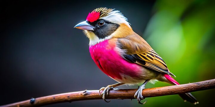 Vibrant Pink Crested Bird with Sharp Black Beak on Branch - Panoramic Wildlife Photography