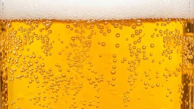 Extreme close-up of beer with bubbles and foam