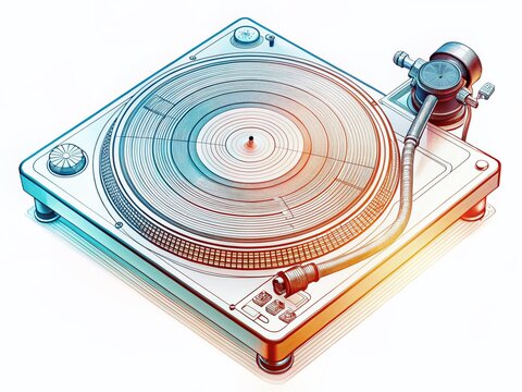 Vintage Turntable Line Drawing: Retro Music Player Illustration on White Background