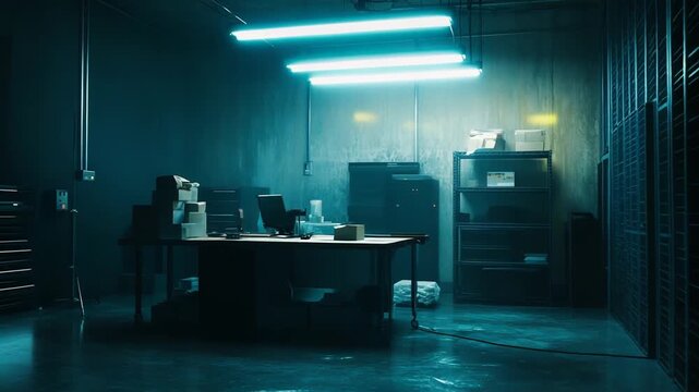 Dimly lit industrial lab workspace with an empty desk and computer, concrete walls, shelves, boxes and a toolbox bathed in cool blue neon glow for a secretive tech research vibe