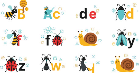 Cute alphabet animals set with insects and snail characters, colorful ABC letters with bee, ladybug and bug illustrations for kids education and learning design © Yevhenii creative