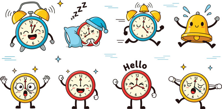Cute alarm clock characters set with funny emotions, ringing bell and waking up concept, cartoon time mascot collection for kids design and playful vector illustration