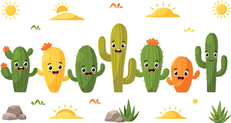 Cute cactus characters set in desert landscape, funny succulent plants cartoon vector illustration collection © Yevhenii creative