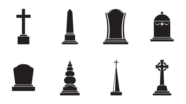Tombstone icon set with various memorial monument shapes and styles on white background featuring gravestone, grave marker, cemetery with cross and