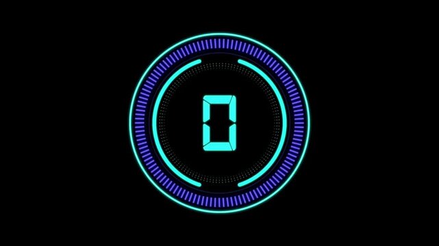 Digital countdown timer interface with a large number zero illuminated in a neon glow