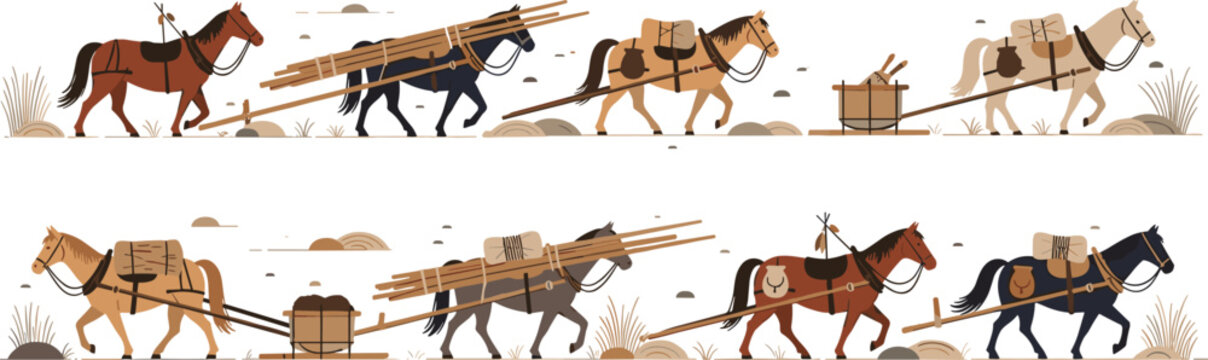 Horse Caravan Carrying Cargo with Wooden Poles, Bags, and Transport Gear in a Desert Landscape Illustration