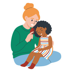 Caring woman brushing the curly hair of a sleepy little girl during a tender bonding moment