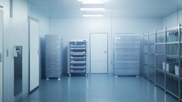 Bright, sterile laboratory with advanced equipment and storage racks, creating an environment built for precision work and scientific development projects