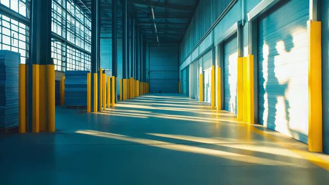 Empty warehouse interior bathed in morning sunlight, showcasing a modern industrial storage building with a row of loading docks and protective yellow bollards