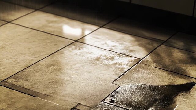 Water seeping across textured floor tiles, forming dark wet patches and reflective puddles that highlight moisture, potential damage, slippery surfaces and plumbing leaks