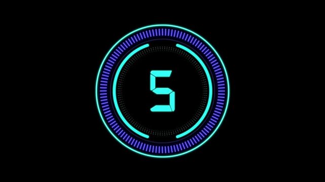 Digital countdown timer displaying number five with glowing blue and purple circles on a black background, perfect for a modern tech interface