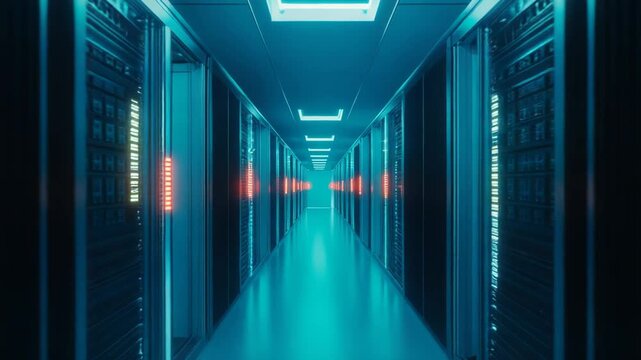 Server racks lining a long corridor inside a powerful data center, processing vast amounts of information and enabling global connectivity with glowing lights indicating active operations