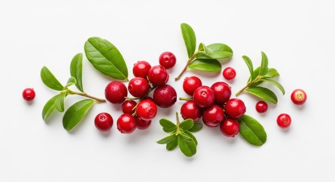 Fresh lingonberries with green leaves isolated on white background