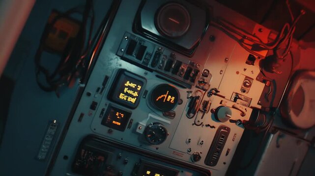 Spacecraft cockpit control panel filled with illuminated switches, buttons, dials and screens displaying telemetry and system data in a high tech, sci fi command interface