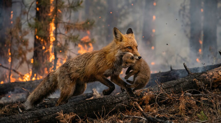 Fototapeta premium Mother Fox Carrying Baby During Wildfire Escape
