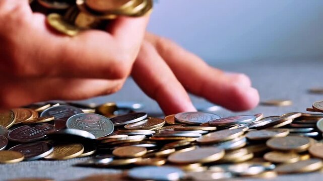 Male hands raking a pile of coins