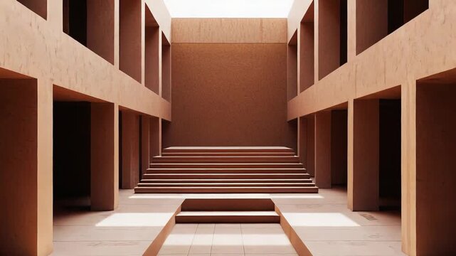 Empty hall presenting a strong sense of brutalist architecture, featuring repeating columns and steps, creating a path towards a bright skylight, emphasizing light and shadow contrasts