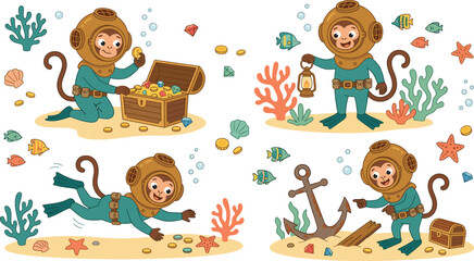 Obraz premium Underwater Diving Monkey Icon Set with Treasure Hunting, Lanterns, Anchors, and Sea Creatures for Kids’ Illustrations and Designs