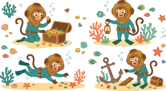 Underwater Diving Monkey Icon Set with Treasure Hunting, Lanterns, Anchors, and Sea Creatures for Kids&rsquo; Illustrations and Designs