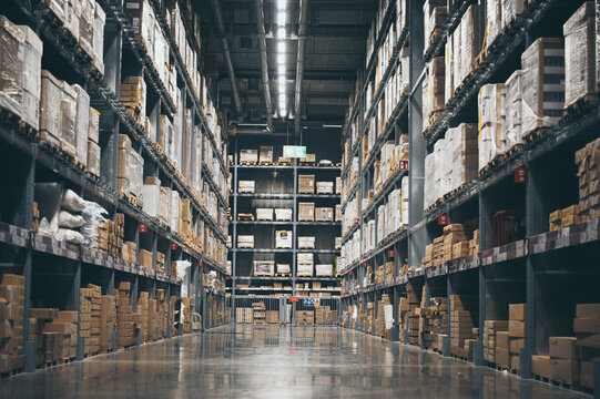 Warehouse storage logistics distribution inventory aisle shelf pallet box industry Modern warehouse storage logistics distribution inventory aisle shelf pallet box industry interior with tall rack