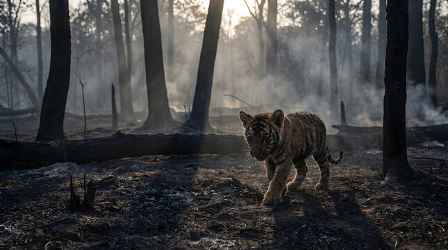Lost Baby Tiger After Jungle Wildfire